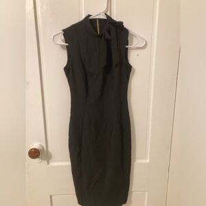 Calvin Klein Black Sleeveless Sheath Dress with Bow Neck Detail and Gold Zipper